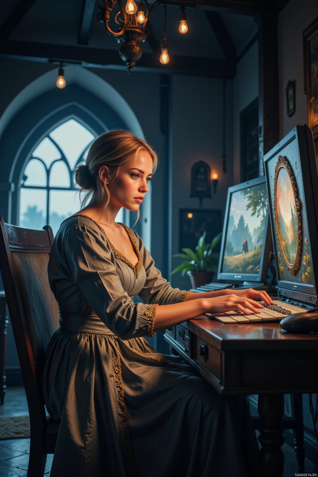 Realistic high quality photo. Midnight in a moonlit attic studio, a 29‑year‑old woman with golden blonde loose updo, bright blue eyes, porcelain complexion, wearing a floor‑length renaissance‑style embroidered dress with subtle shimmer, sits at a console of flickering screens polishing the final chord of a VR symphony, pressing play with a focused, slightly frustrated expression amid softly glowing old lullaby‑like light.
