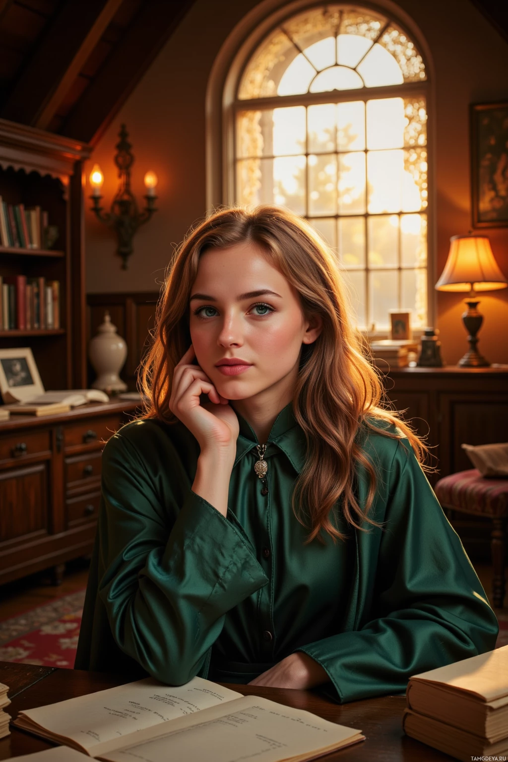 Realistic high quality photo. Female, 30, with wavy light brown hair, deep green eyes, wearing a flowing dark emerald dress and matching cloak, sits in a sunlit attic at sunset, amber glow filtering through lace curtains, at an old oak desk with a warm lamp flickering, whispering into a half‑blank page while smiling at her own plot paranoia, surrounded by stacks of parchment and the scent of aged paper.