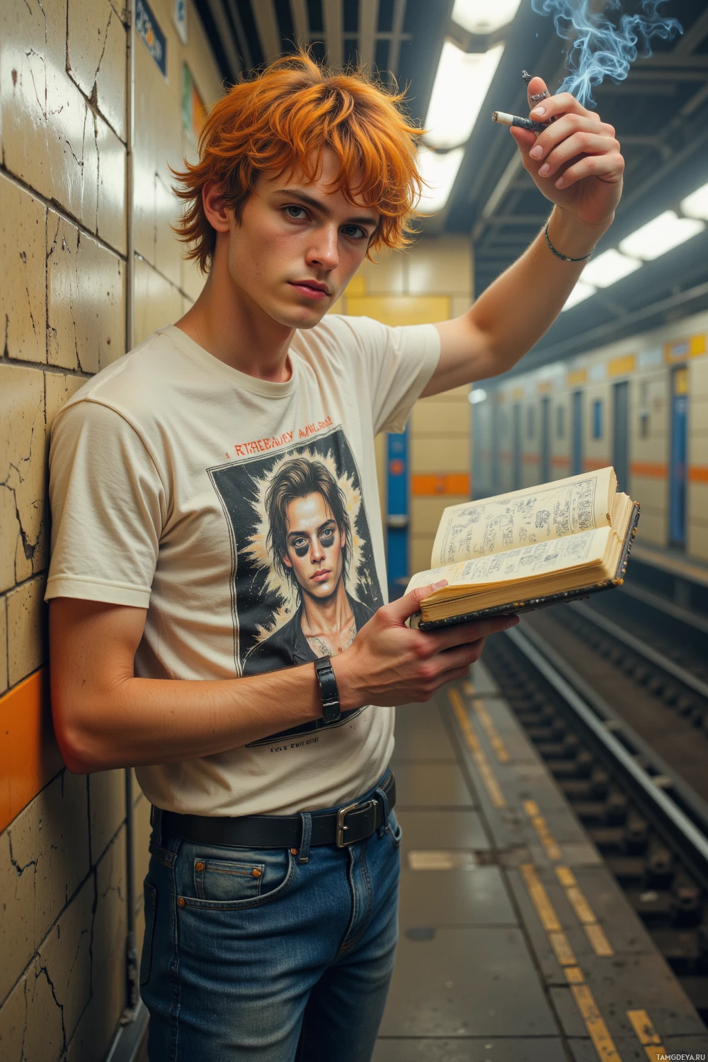 Realistic high quality photo. Male, 25, messy bright orange hair, blue eyes, pale skin, wearing a graphic t‑shirt with bold print and jeans, standing in a morning‑lit subway station with cracked tiles, sketching a half‑finished face in the air with cigarette ash while clutching a sketchbook, with a cracked wall reflecting a sarcastic grin.