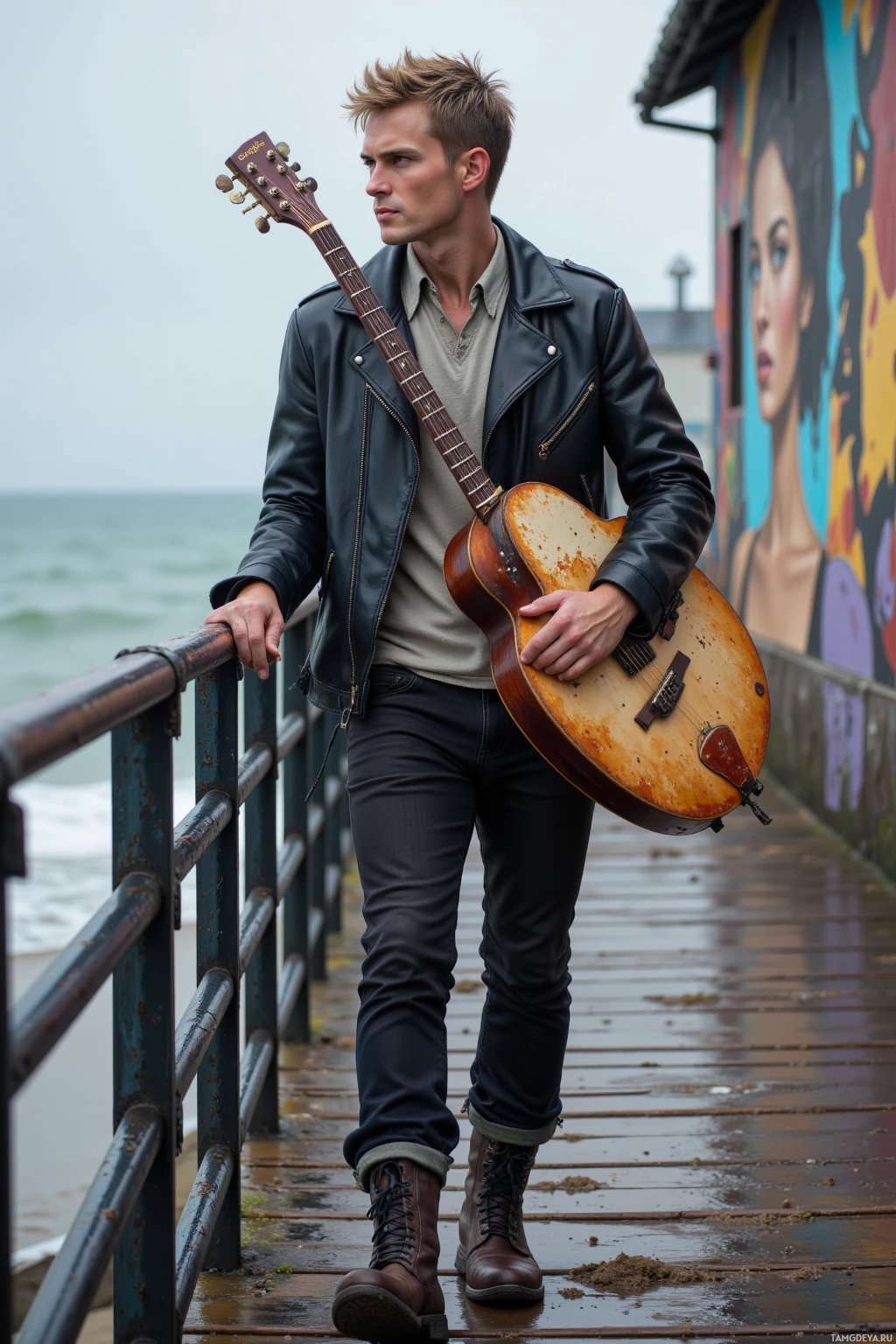Realistic high quality photo. A restless, 29‑year‑old man with short spiky light brown hair, blue eyes, wearing a black leather jacket and worn combat boots, stands on an old pier railing with wind ruffling his jacket, holding a battered guitar against a vibrant mural, the sea in the background, exuding defiant charm and subtle vulnerability.