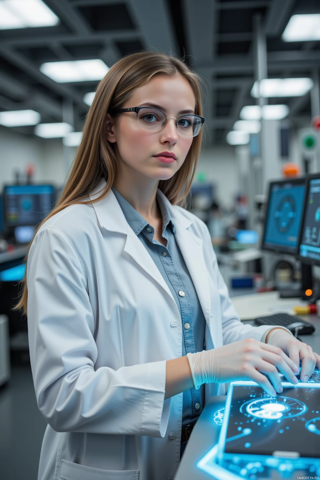Realistic high quality photo. A methodical woman in her early thirties with long straight brown hair, blue eyes, wearing a white lab coat over practical attire and safety glasses, standing in a concrete‑lined high‑tech laboratory with humming ventilation, calibrating a nano‑assembly line and debugging a bio‑hacking module among blinking control panels.