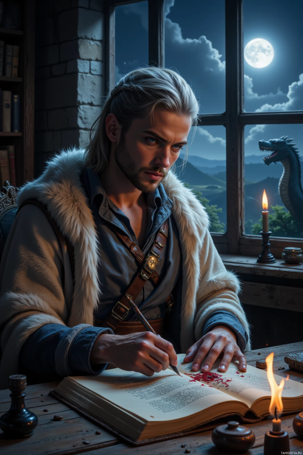 Мужчина в средневековой одежде пишет в книге при свете свечи, за окном видны статуя дракона и полная луна.