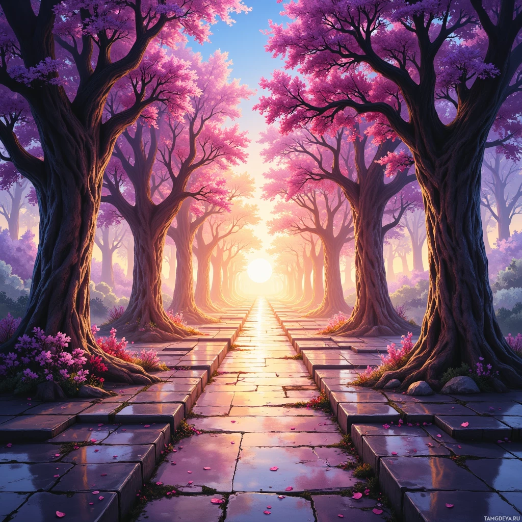 Тихая аллея, усыпанная цветущими розовыми деревьями, ведет к сияющему солнцу.