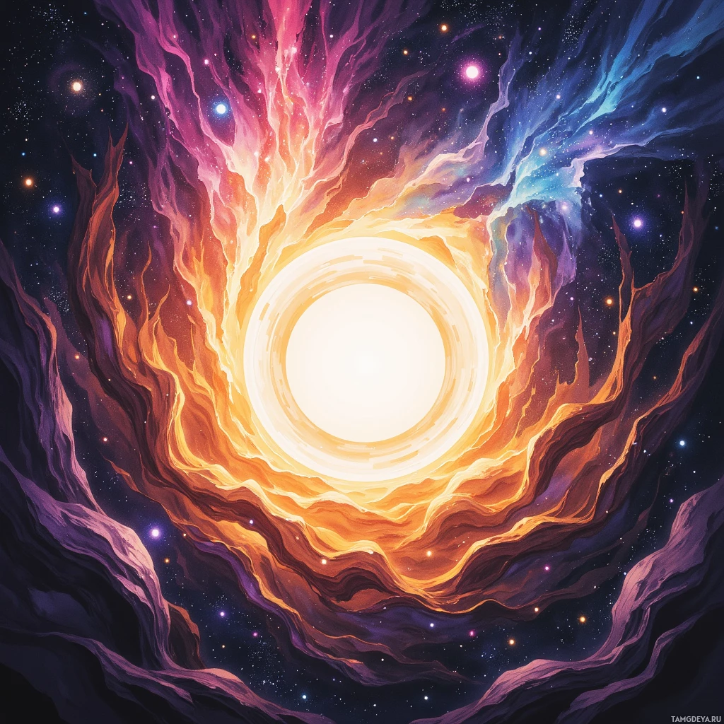 Яркая космическая сцена с сияющим, закручивающимся порталом, окружённым звёздами и туманностями.