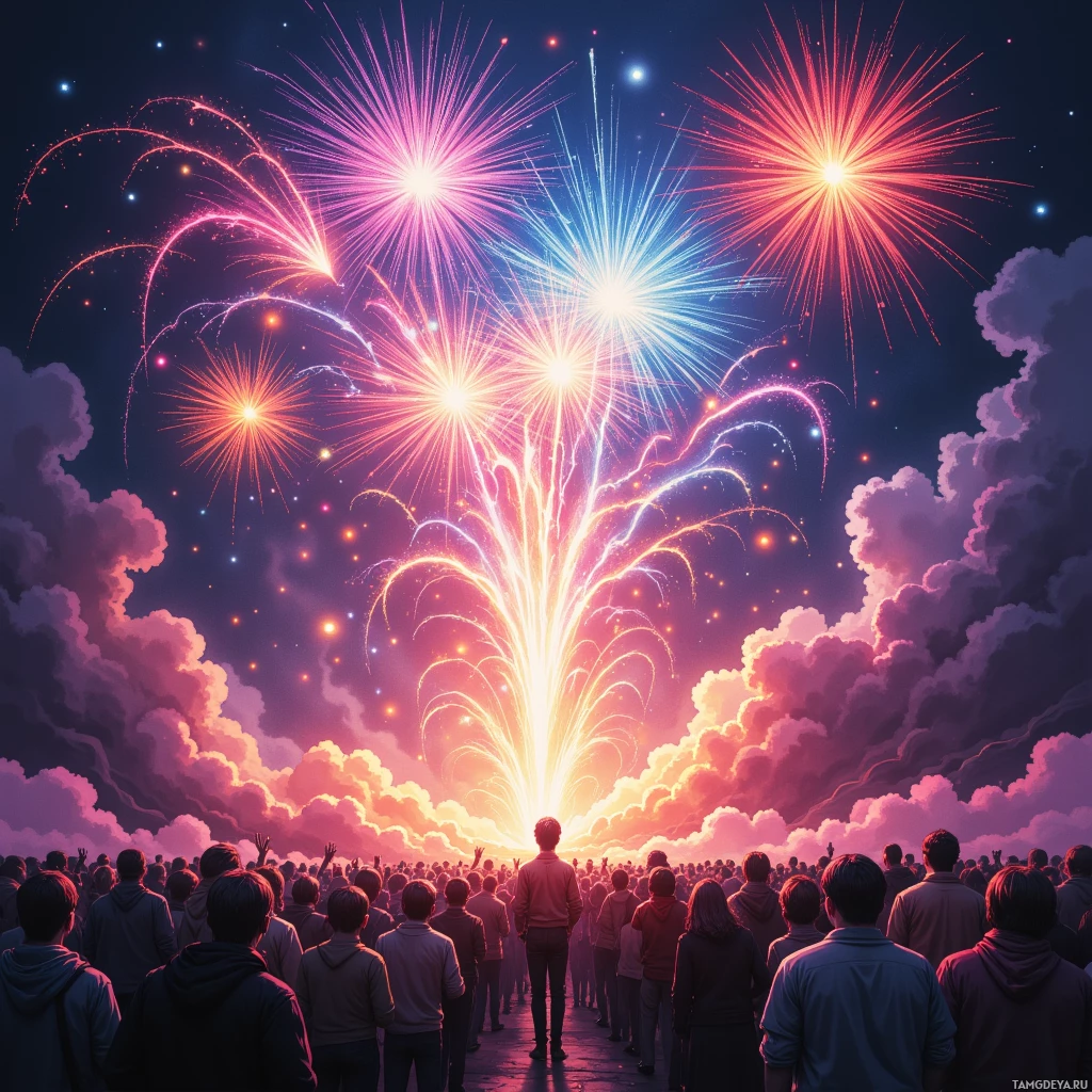Толпа людей наблюдает за ярким фейерверком в ночном небе.