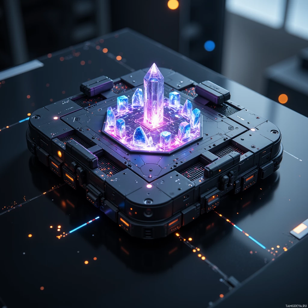 Semi-abstract image with many light, that is suitable for the post:  Ultra-compact tactical console on a matte black glass surface, sleek black casing with an embedded lattice of glowing micro-processors, projecting a vibrant full-color holographic battlefield from a central crystal, minimalist futuristic design.