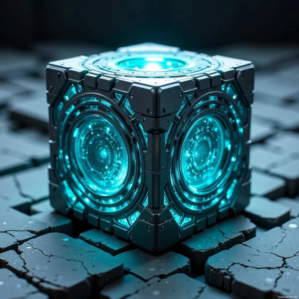Semi-abstract image with many light, that is suitable for the post:  Sleek 5‑centimeter titanium‑coated cube with a pulsing cyan core, etched adaptive lattice pattern on its surface, self‑healing polymer finish, emitting a soft glow, futuristic cyberpunk aesthetic.