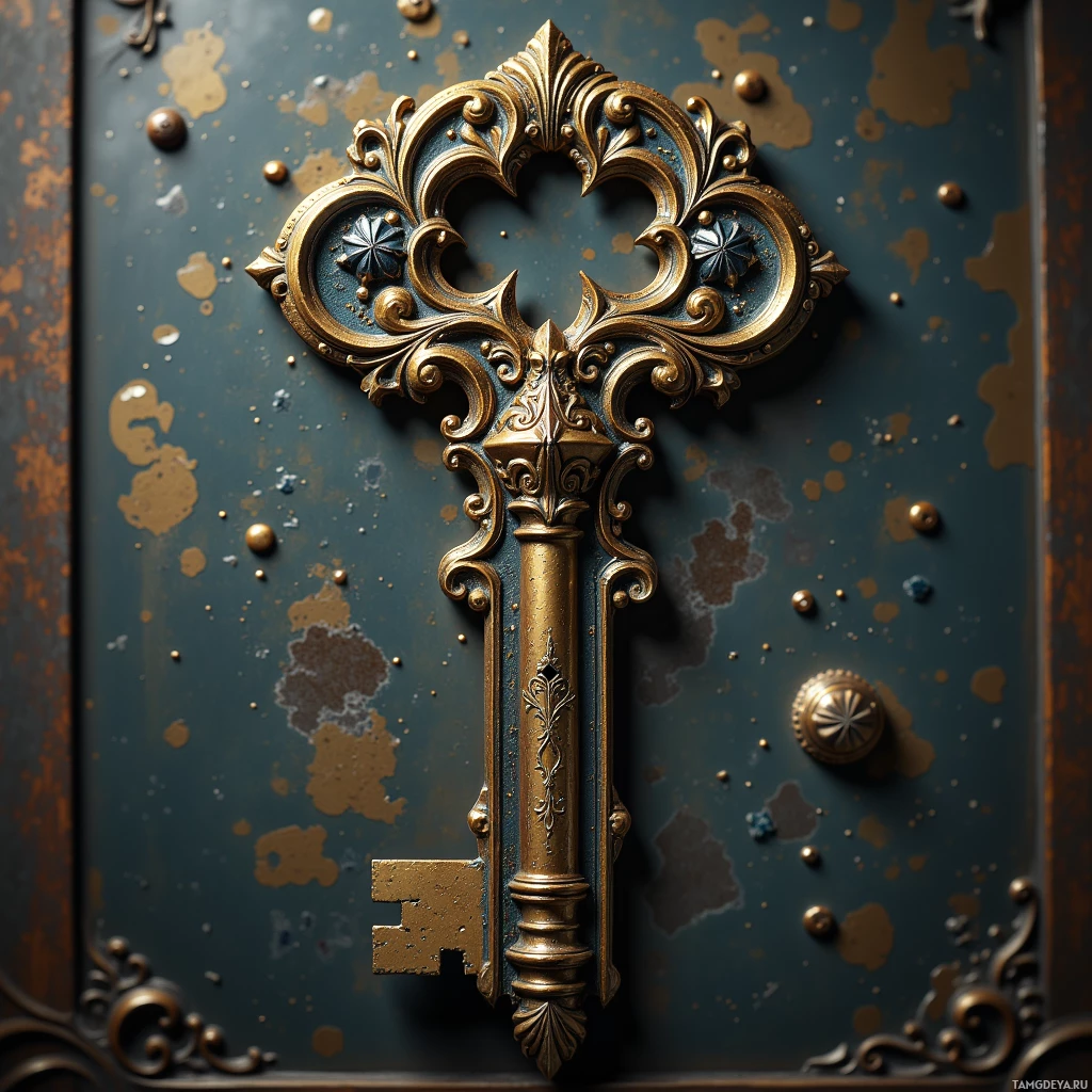 Изящный золотой ключ с замысловатым орнаментом выделяется на фоне темной, фактурной поверхности.