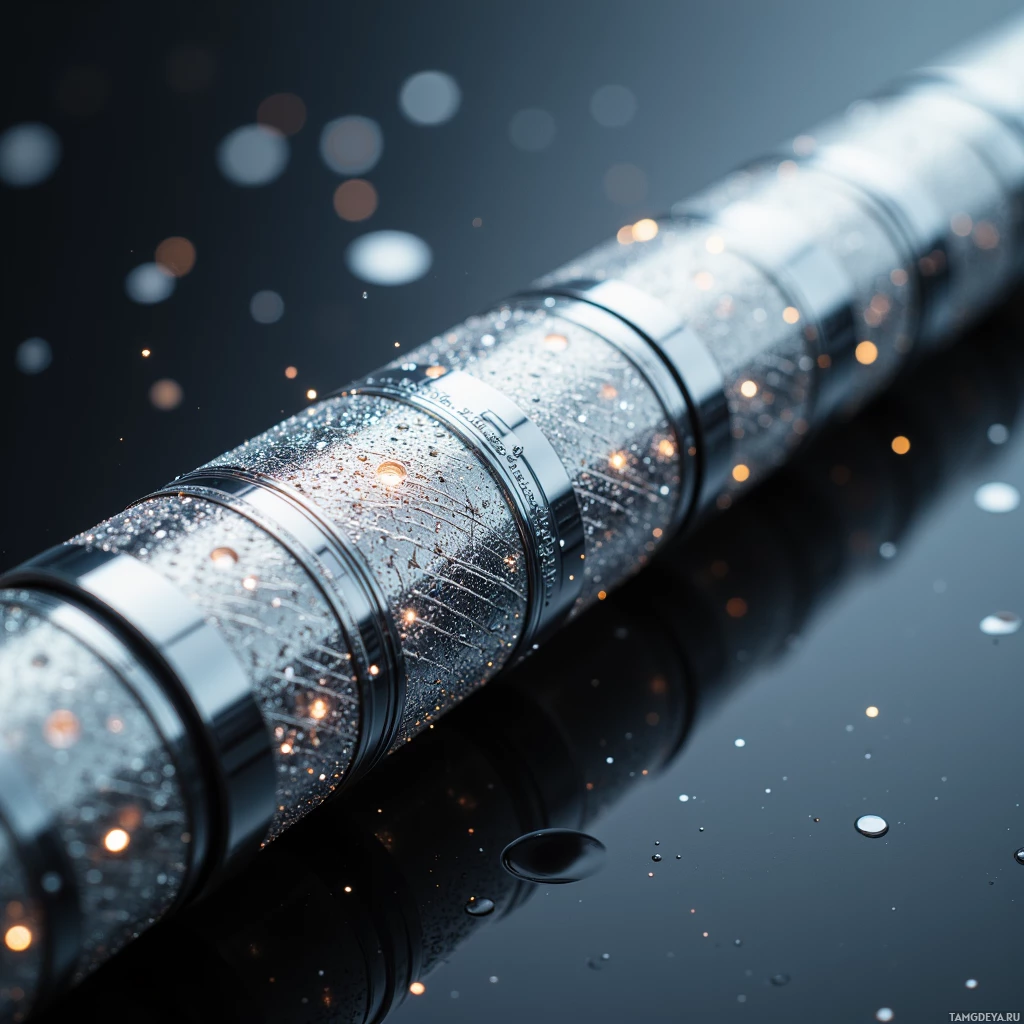 Semi-abstract image with many light, that is suitable for the post:  A sleek chrome cylinder with finely etched micro‑engraved lattice running its length, its polished surface reflecting light with subtle ripples and a faint shimmering glow hinting at high‑frequency resonance.