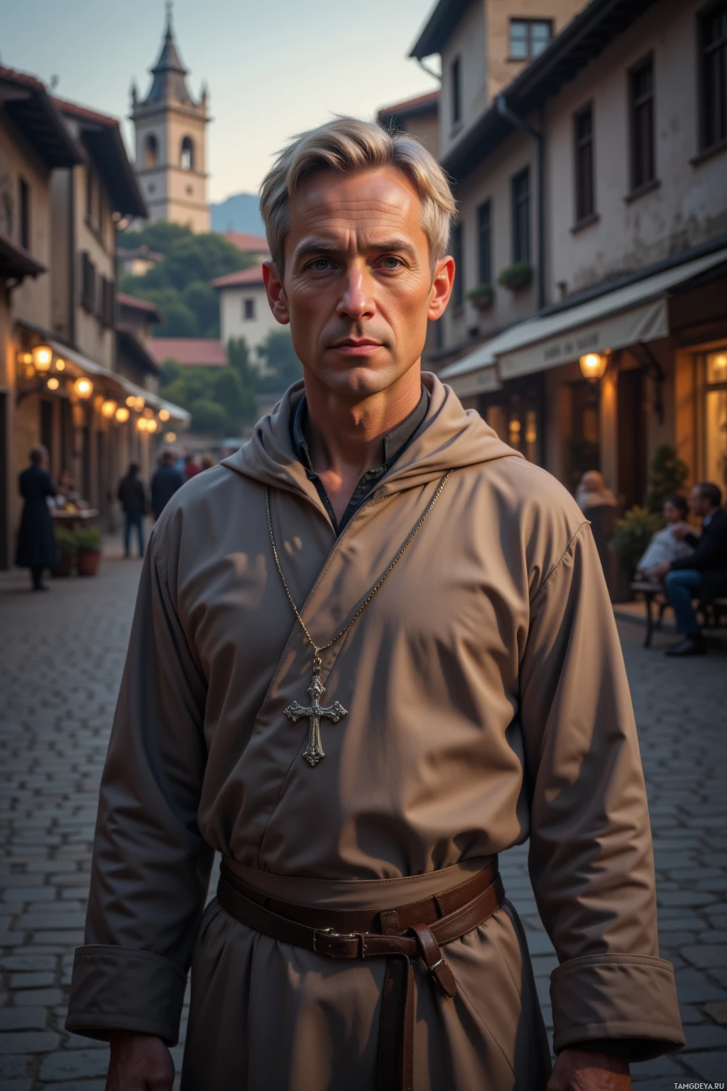 Мужчина в коричневой рясе с крестом на цепочке стоит на мощёной улице в старинном городке.