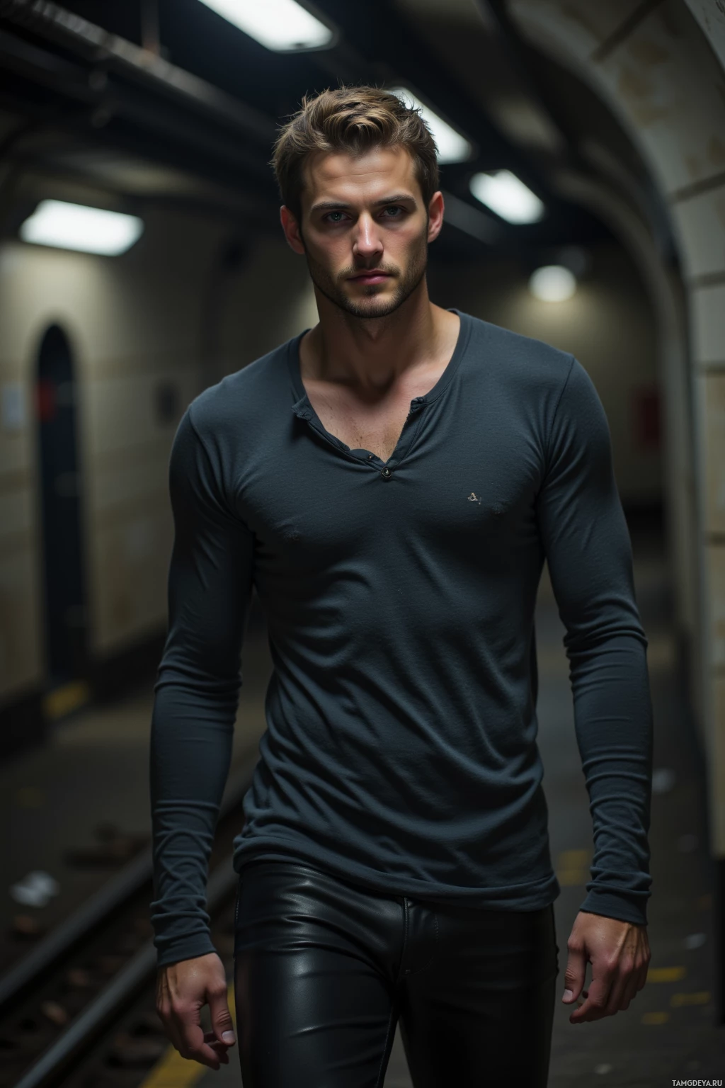 Мужчина стоит в полумраке туннеля, одетый в темную рубашку с длинными рукавами и черные брюки.