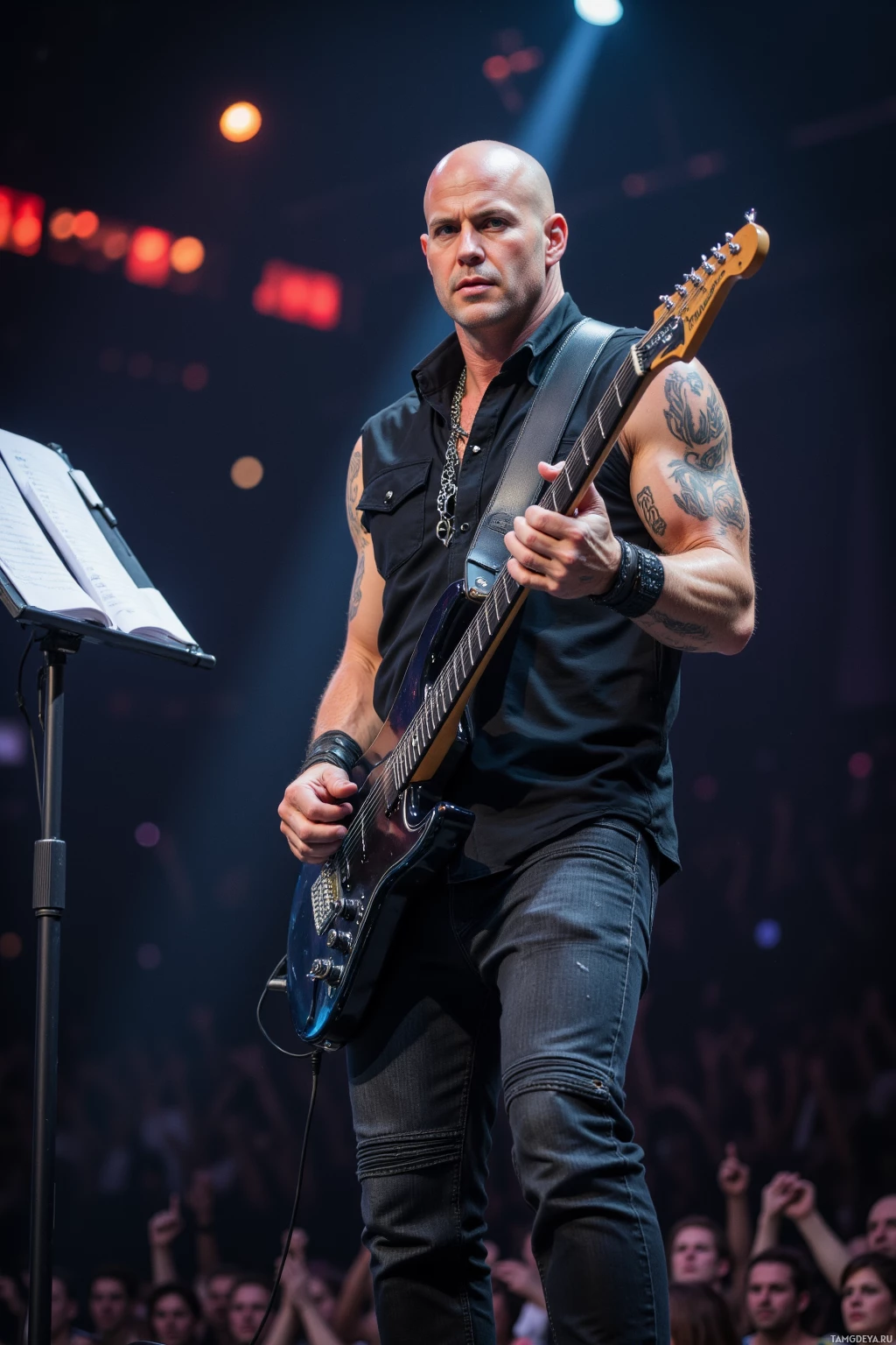Музыкант выступает на сцене с гитарой, на заднем плане толпа зрителей.