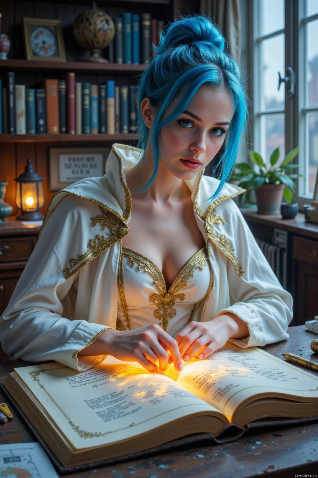 У стола сидит женщина с синими волосами и читает раскрытую книгу, освещённую мягким светом.