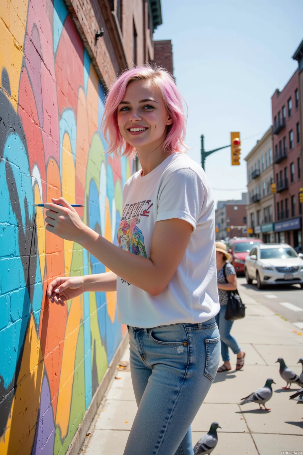 У человека с розовыми волосами в руках кисть, он стоит рядом с красочной настенной росписью.