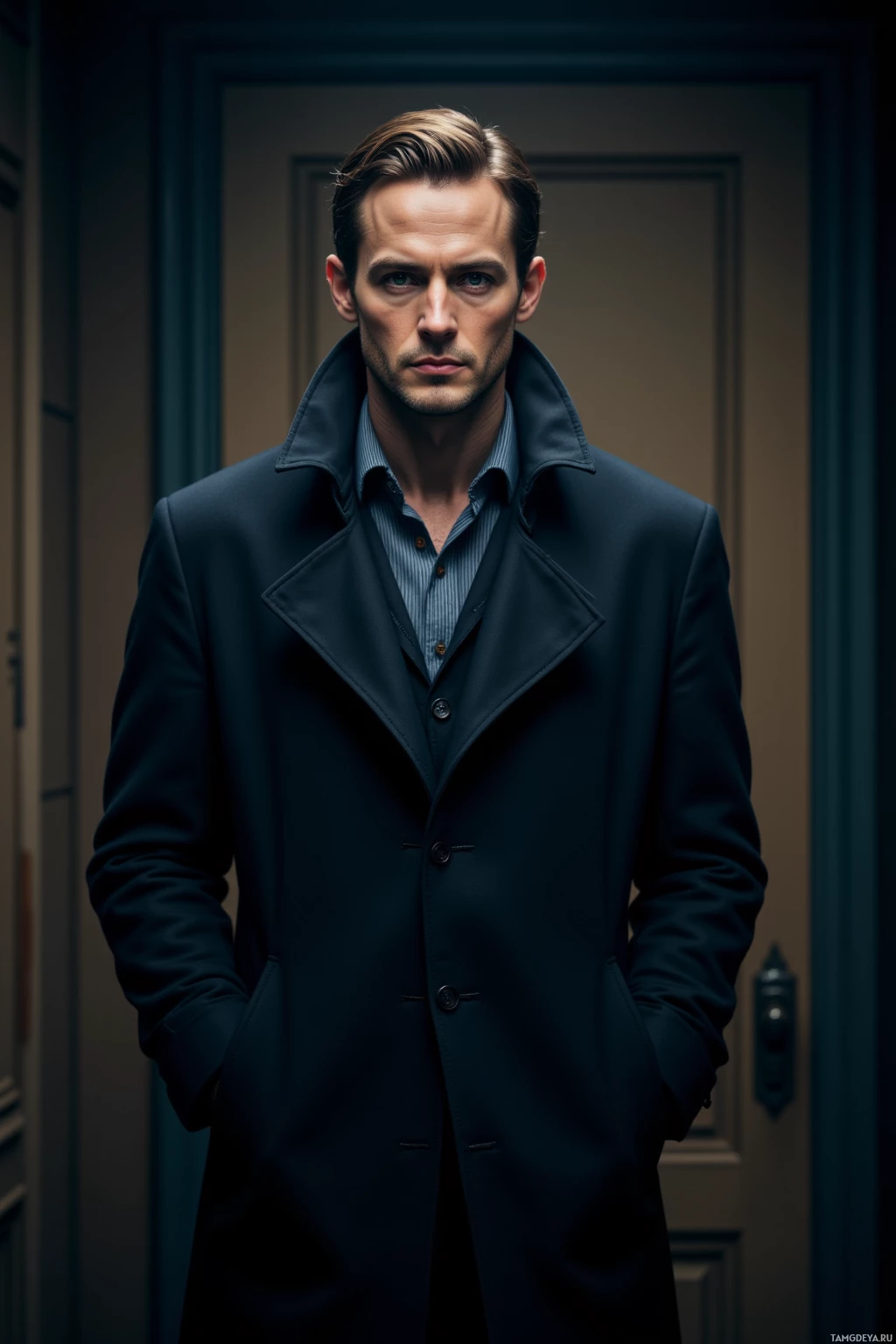 Мужчина в темном пальто стоит в полумраке коридора.
