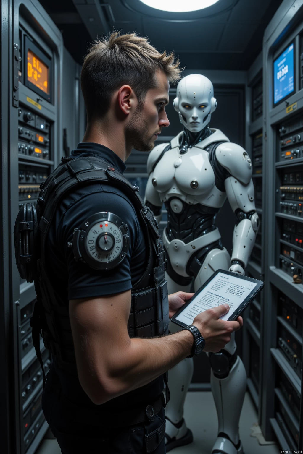 Мужчина в тактическом жилете взаимодействует с гуманоидным роботом в высокотехнологичной обстановке.