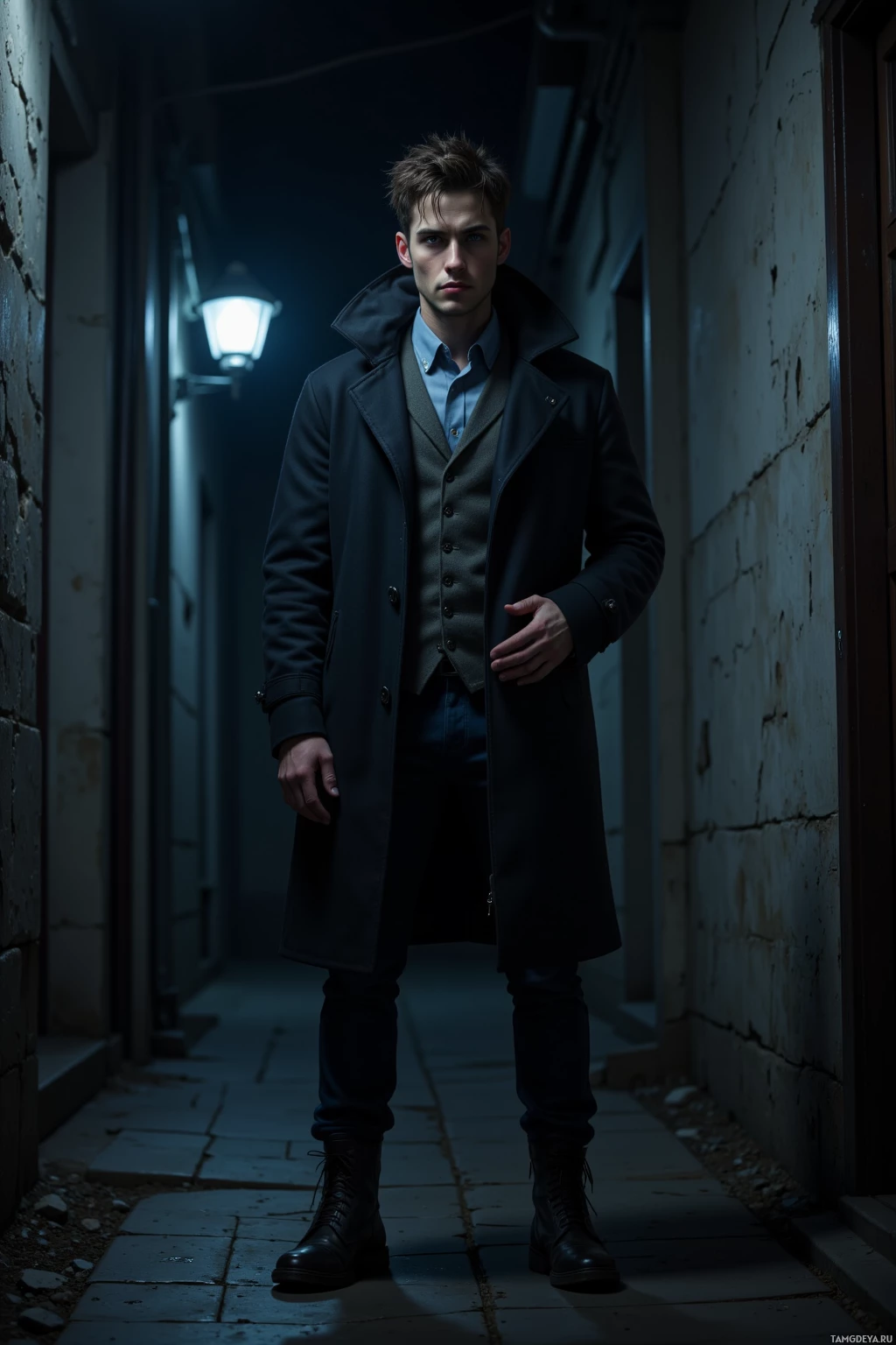 Мужчина стоит в полумраке переулка, одетый в темное пальто и ботинки.