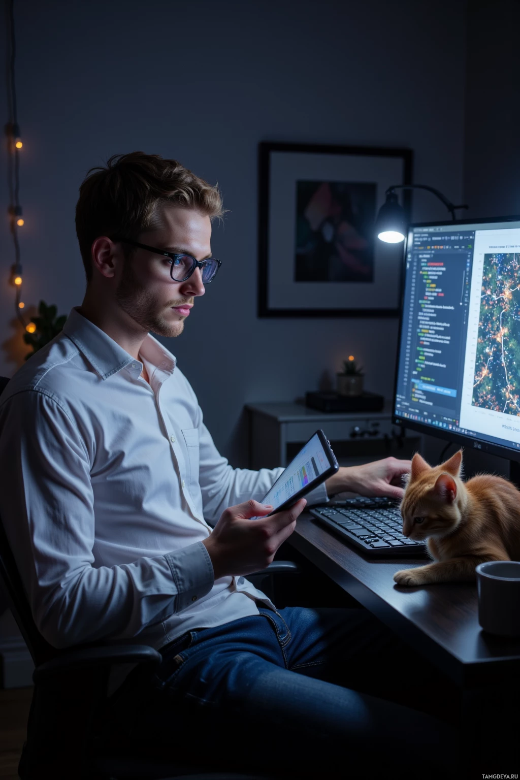 Мужчина в очках работает за компьютером, а рядом сидит кошка.