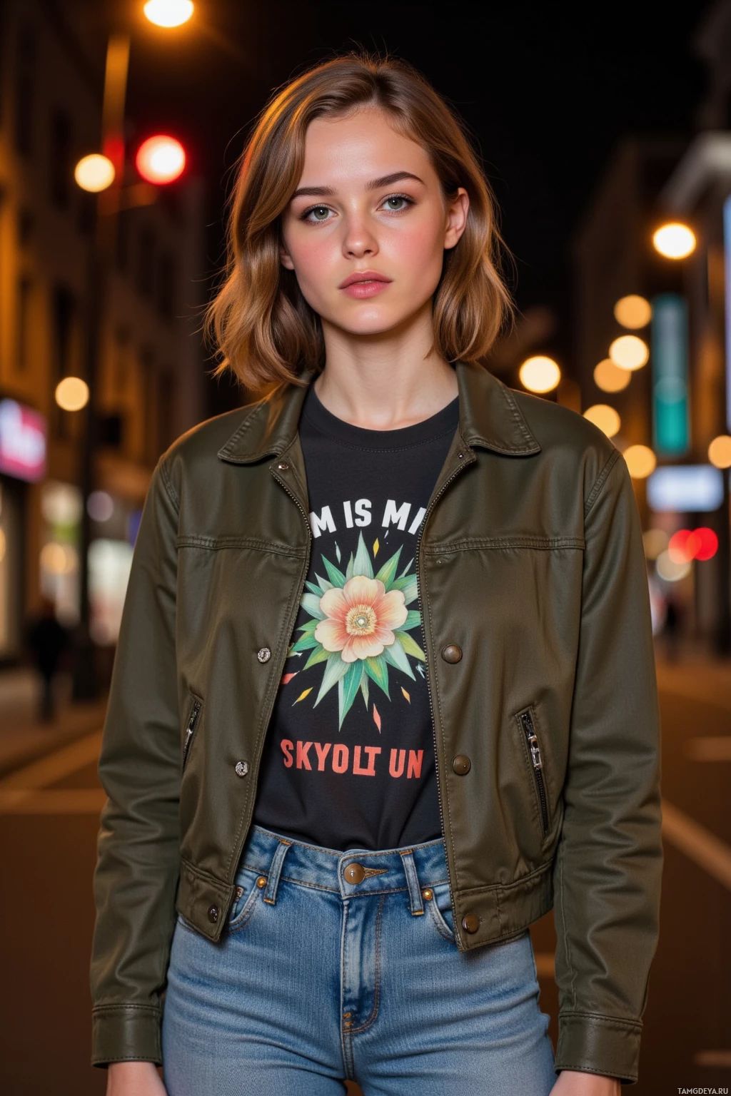 На ночной городской улице стоит человек в зелёной куртке поверх футболки с принтом и в синих джинсах.