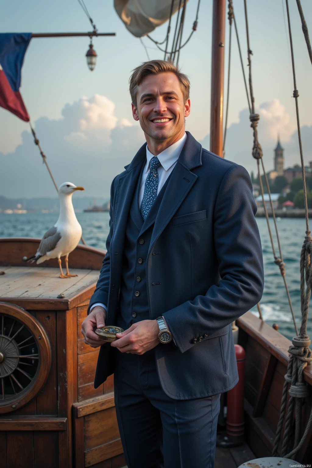 Мужчина в темно-синем костюме стоит на палубе корабля, держа в руках компас, на фоне морского пейзажа и с чайкой рядом.