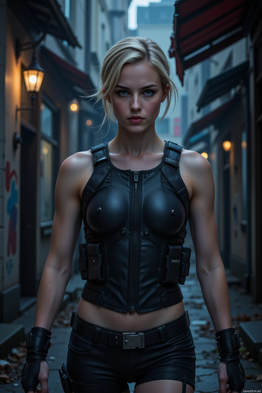 Человек в черной кожаной одежде стоит в узком переулке.