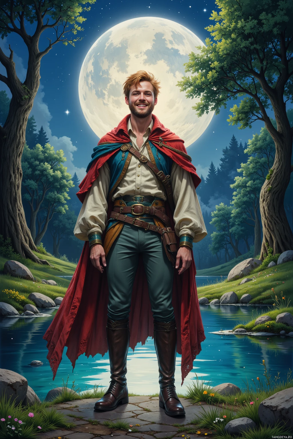 Мужчина в средневековой одежде стоит у спокойной реки в свете полной луны.