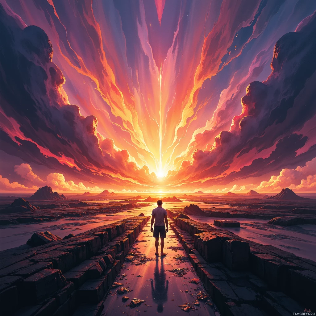 Одинокая фигура застыла в конце каменной тропинки, глядя на пылающее небо.