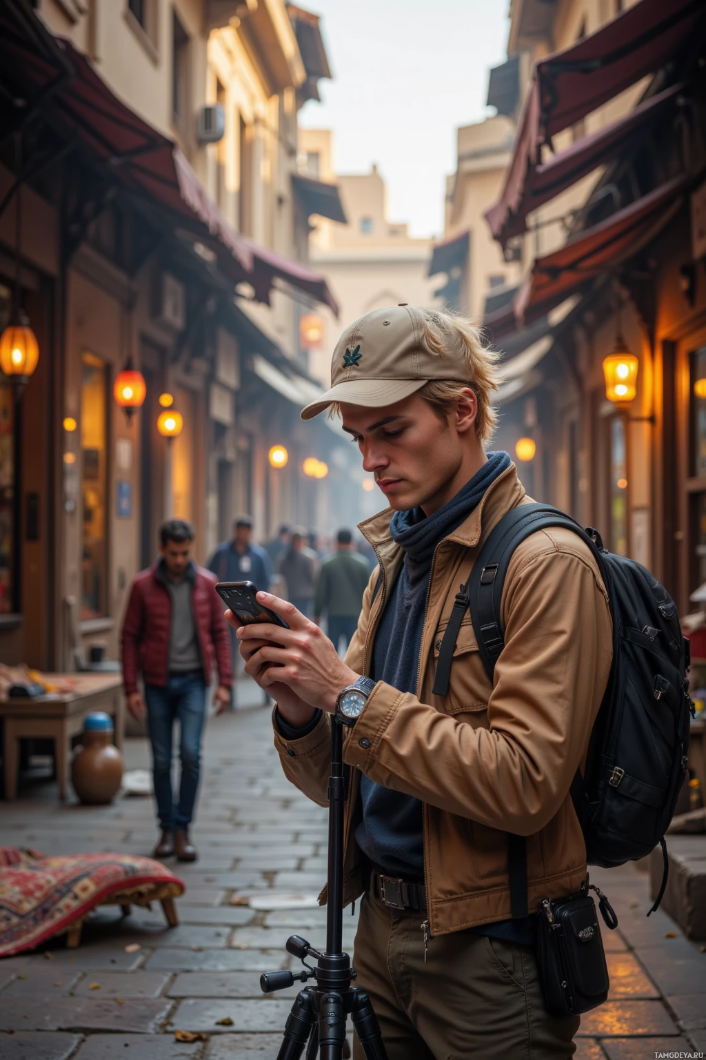 Человек в кепке и с рюкзаком пользуется смартфоном на узкой улице, застроенной магазинами и навесами.