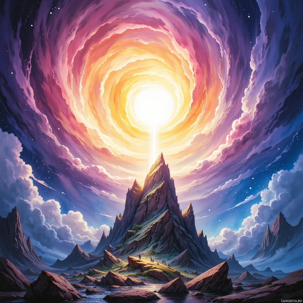 Яркий, сюрреалистичный пейзаж с закрученным, многоцветным вихрем в небе и изрезанным, гористым рельефом внизу.