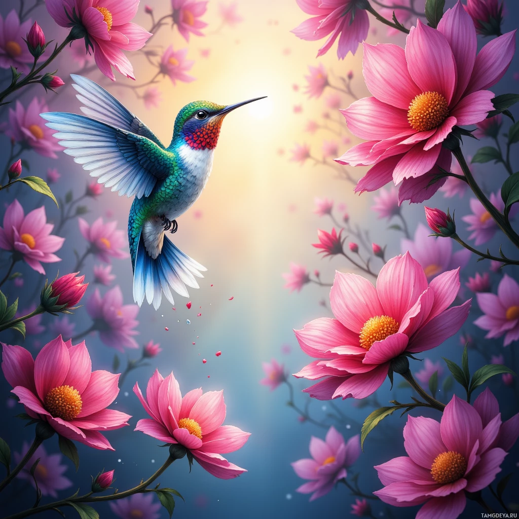 Яркий колибри завис над цветущими розовыми цветами на фоне мягкого, светящегося фона.