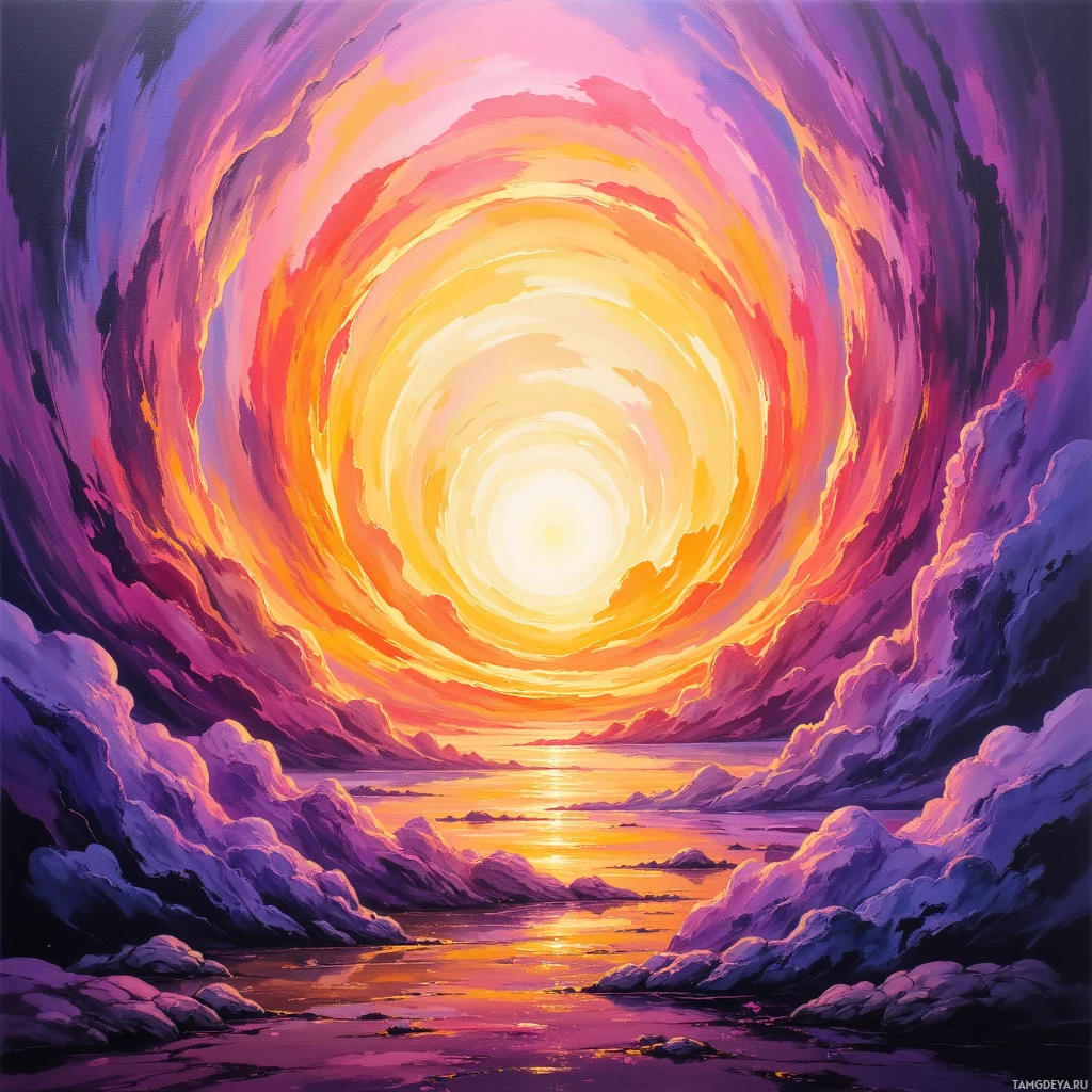 Яркий, вихреобразный закат с сияющим солнцем в центре, отражающимся в спокойной водной глади, окруженной эффектными, разноцветными облаками.