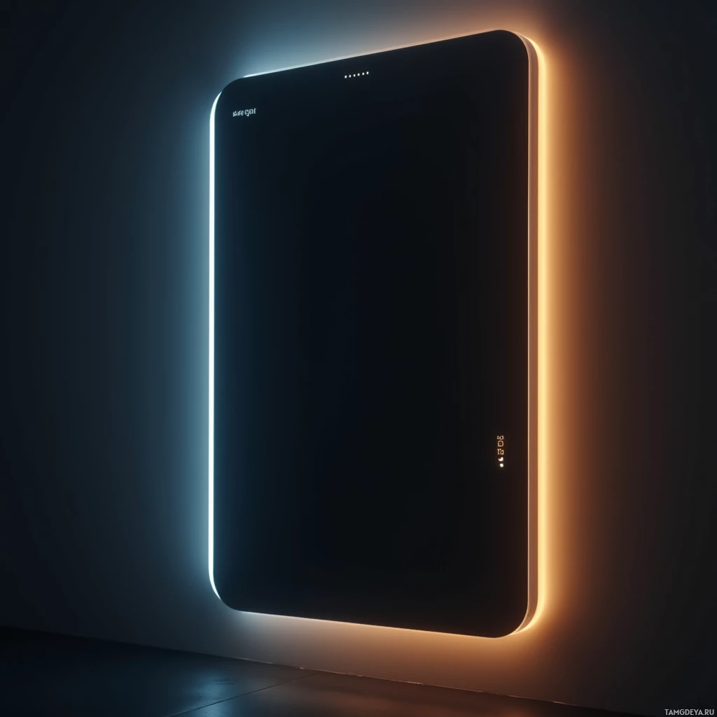 На темной стене закреплено элегантное, современное устройство со светящимися краями.