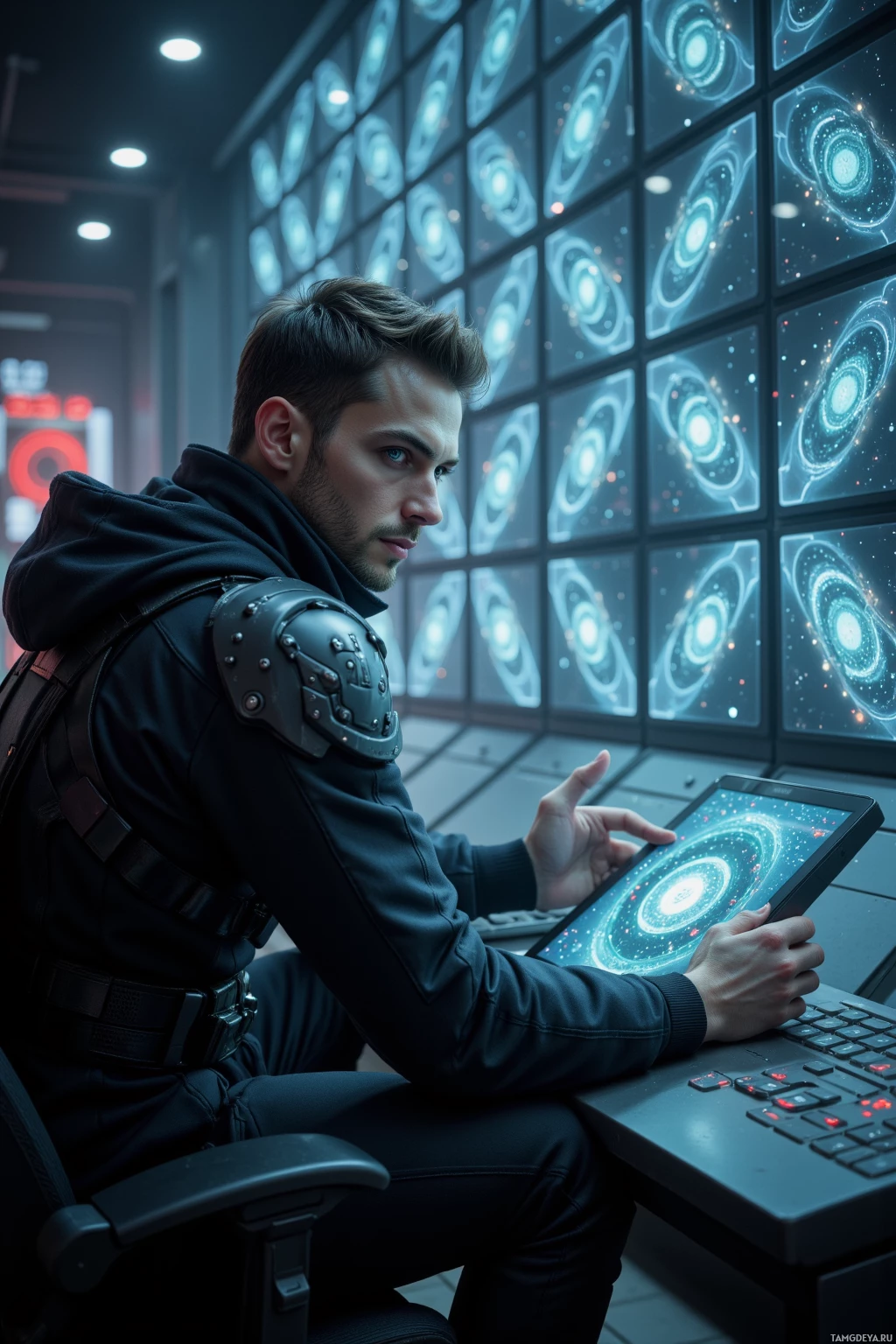 Человек в футуристической обстановке взаимодействует с планшетом, на котором отображается космический интерфейс.