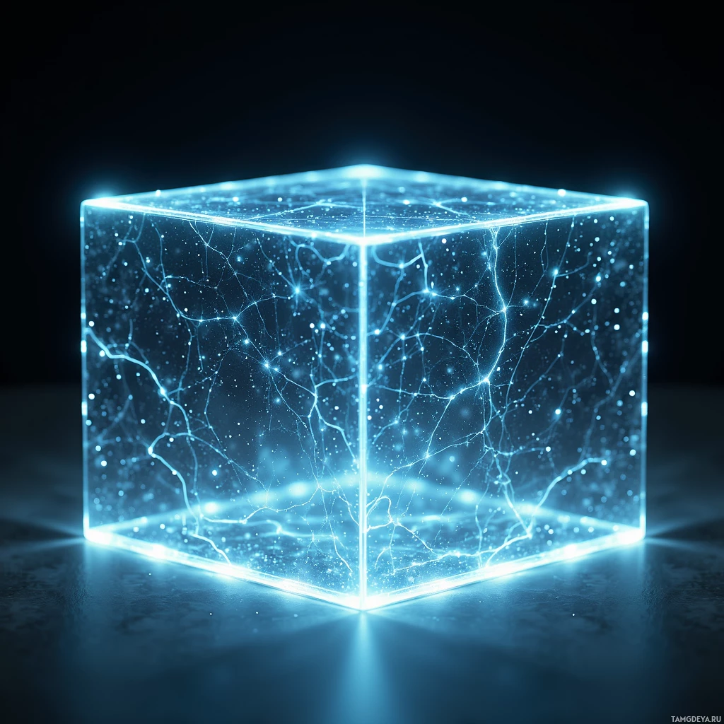 Светящийся, полупрозрачный куб со сложными синими световыми узорами на тёмном фоне.