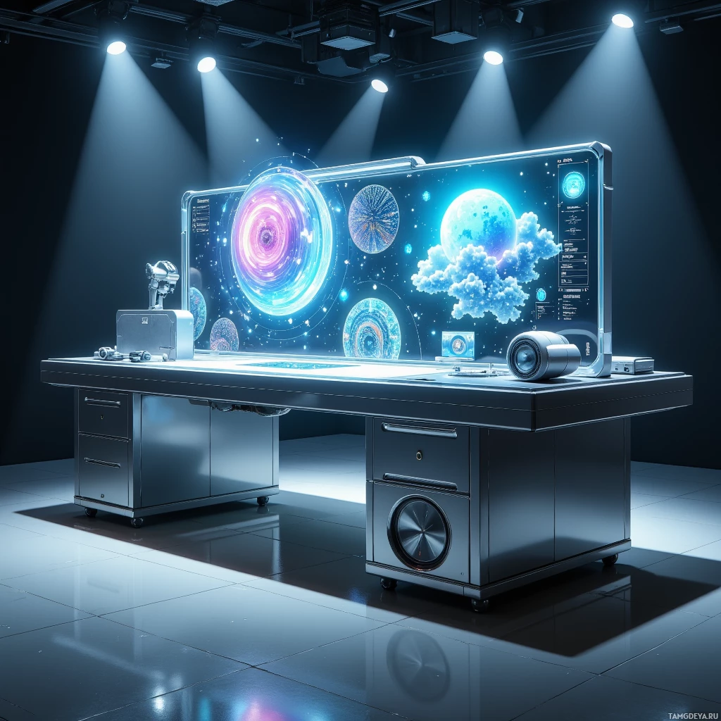 Современный рабочий стол с большим подсвечиваемым дисплеем, на котором отображаются изображения космоса.