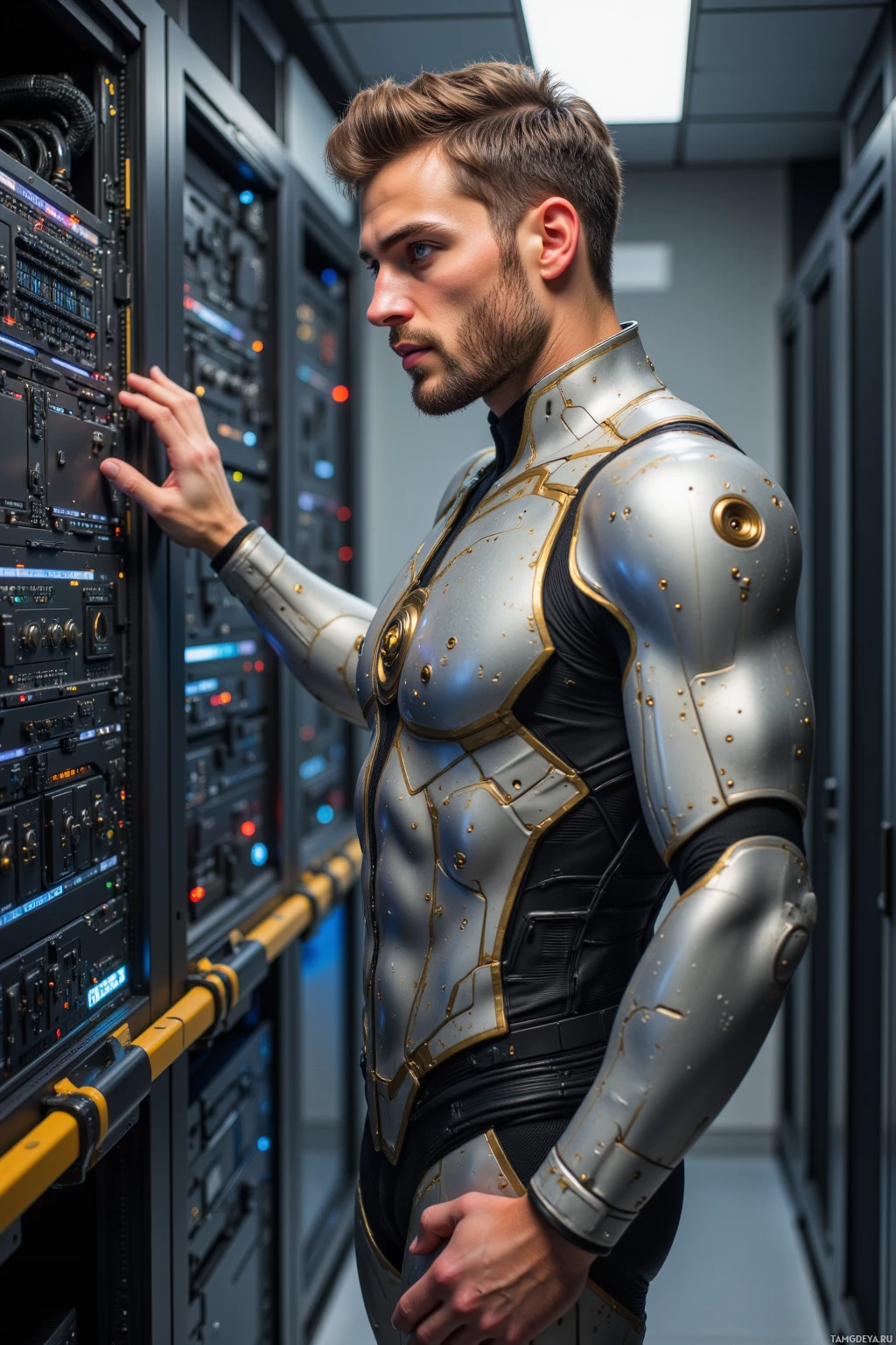 Realistic high quality photo. A 36‑year‑old man with neatly styled light brown hair, blue eyes, pale skin, wearing a sleek silver and gold bodysuit with subtle circuitry patterns, stands in a polished server room at dawn, methodically syncing his neuro‑interface to a mainframe while calmly correcting error logs, exuding meticulous focus and dry humor.