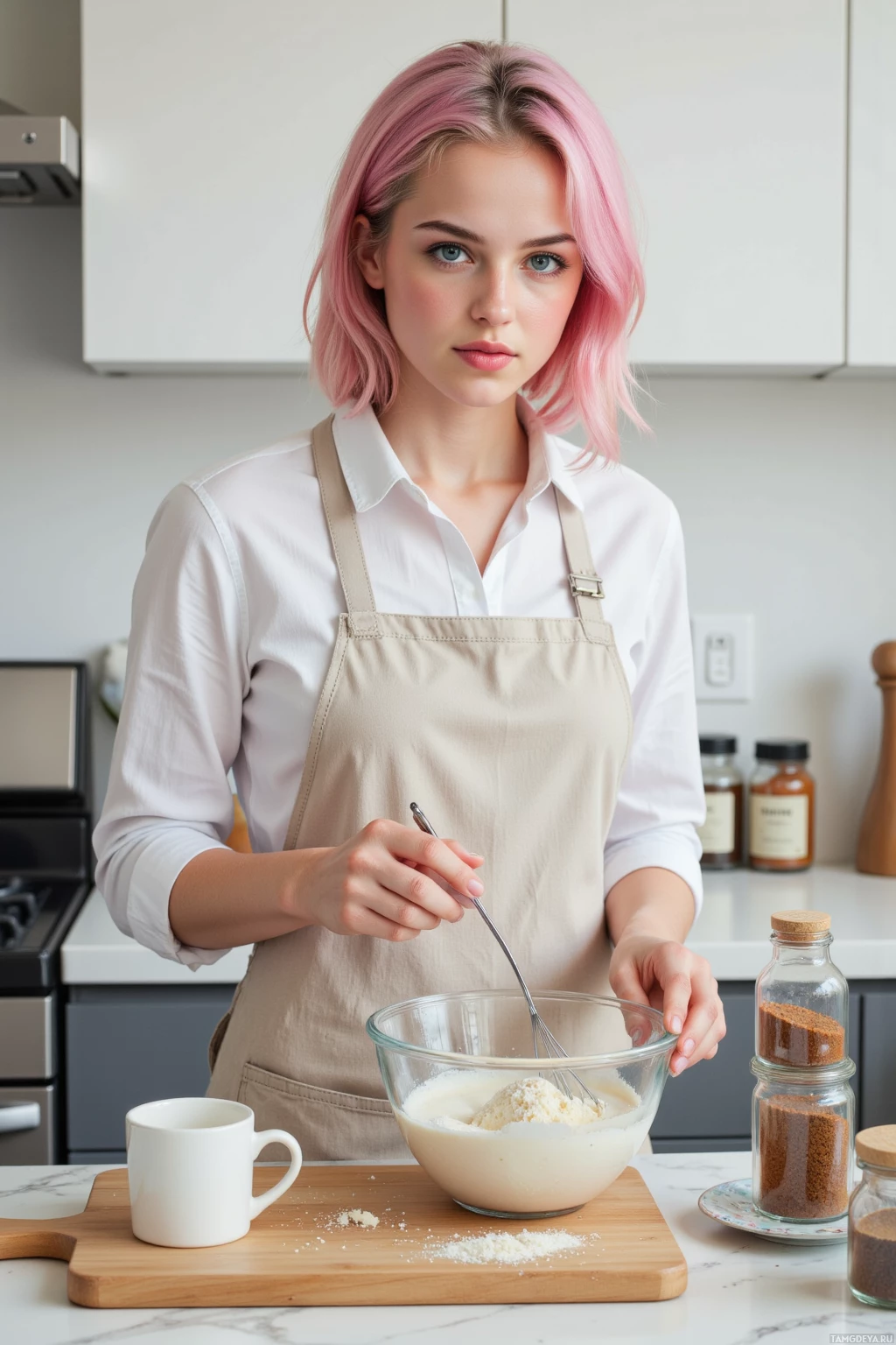 Человек в фартуке перемешивает ингредиенты в миске на кухне.