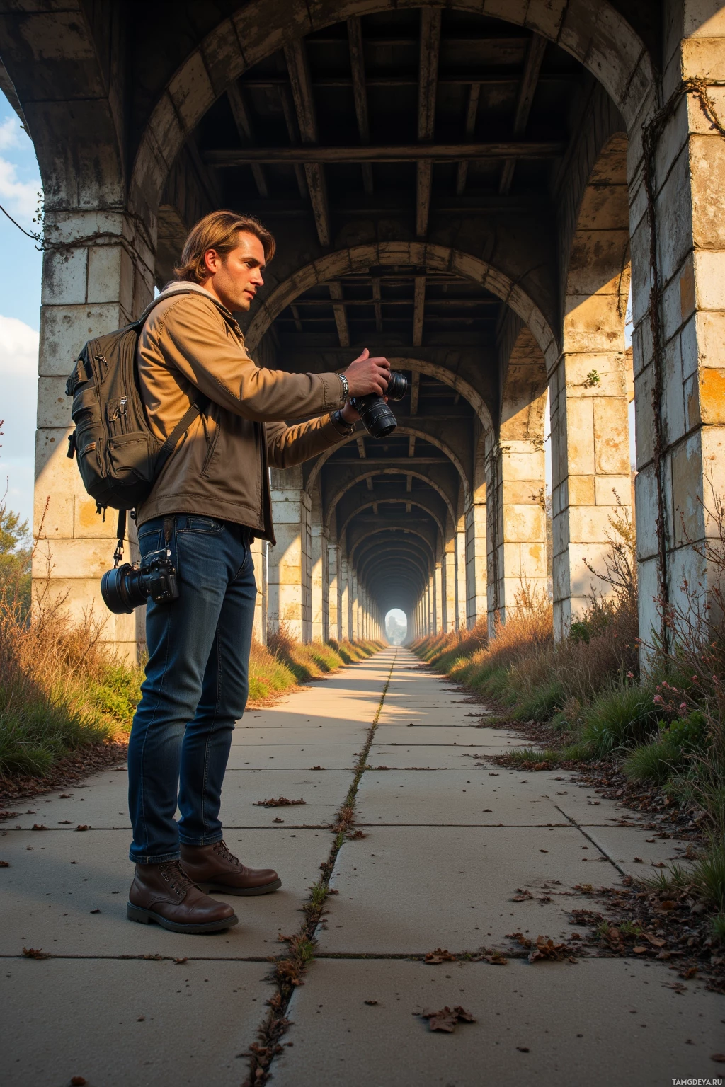 Человек стоит под аркой моста, держа в руках фотоаппарат, с рюкзаком за спиной, одетый в куртку и джинсы.