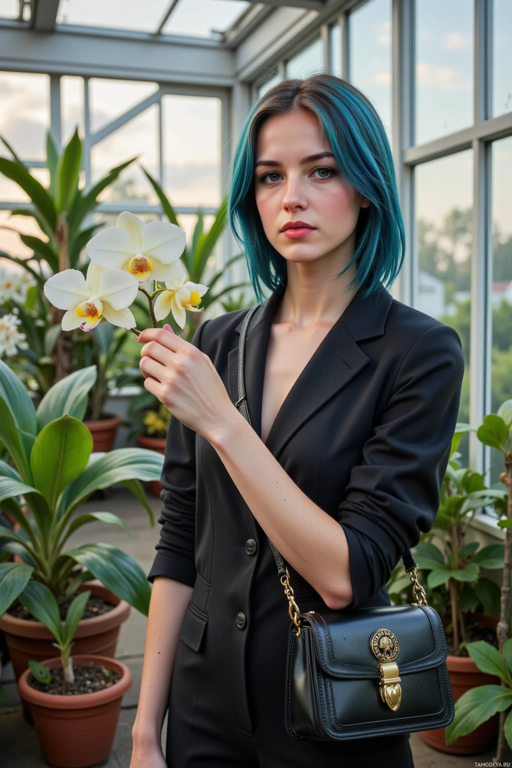 Женщина с голубыми волосами держит белую орхидею в теплице.