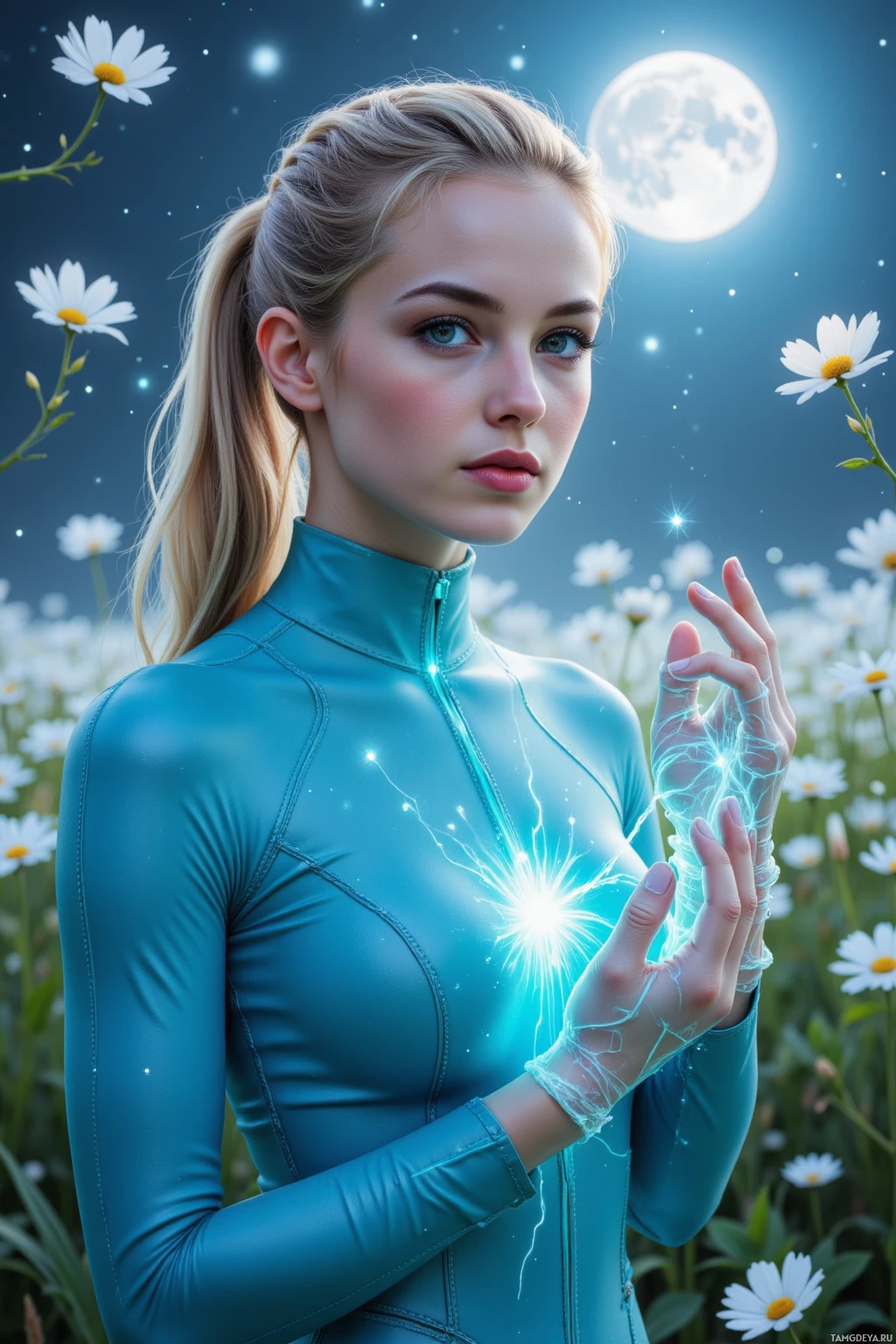 В поле ромашек стоит женщина в голубом наряде, на заднем плане сияет луна.