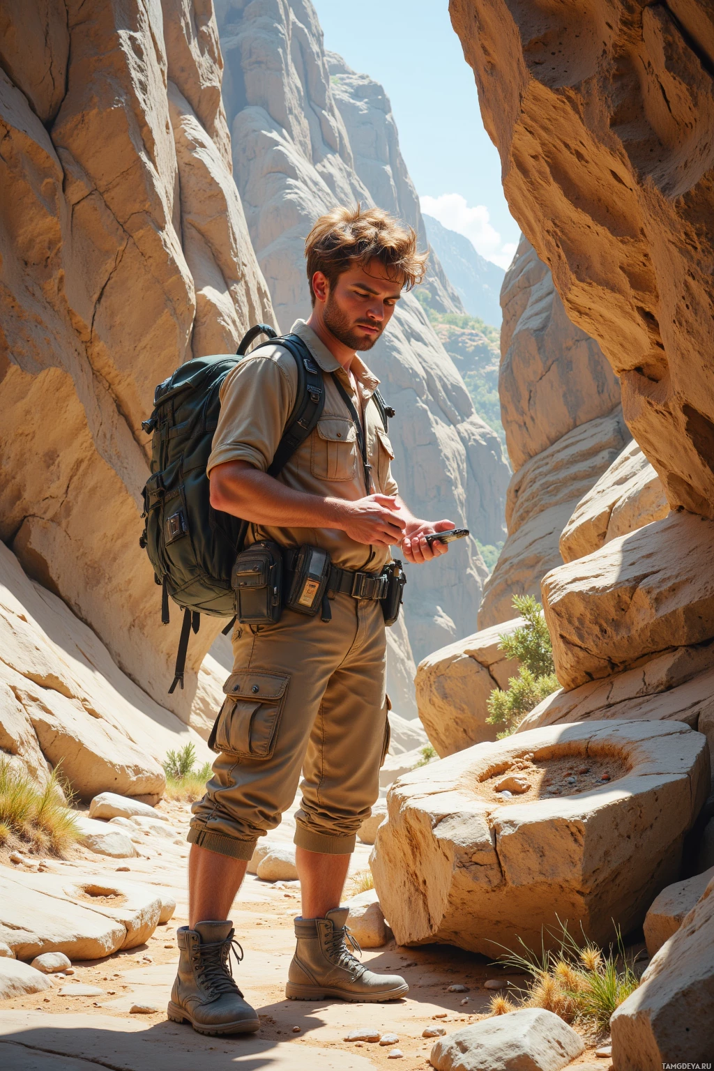 Realistic high quality photo. A rugged 34‑year‑old male geologist with short tousled light brown hair, piercing blue eyes, wearing cargo pants, hiking boots, and a sturdy backpack, stands in a sunlit canyon with triangular rock layers resembling pizza slices, examining a limestone slab bearing a fossilized mountain goat footprint while cataloguing oddly shaped rocks and holding a compass.