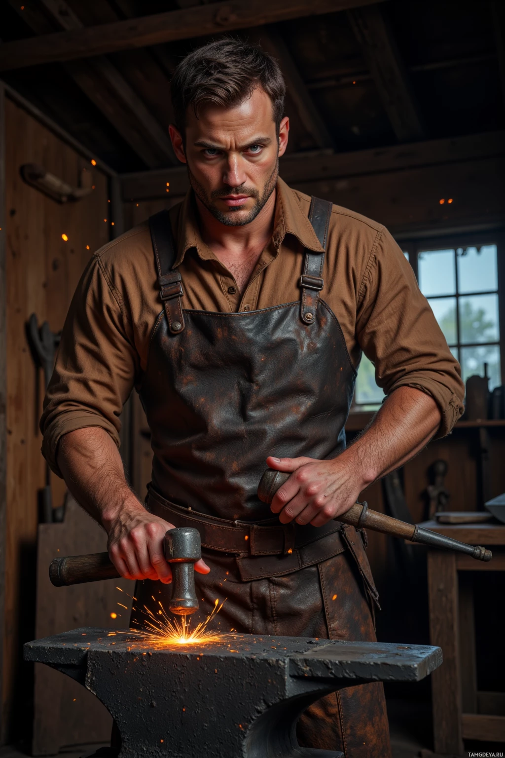 Realistic high quality photo. A 40‑year‑old man with short dark brown hair, blue eyes, a rugged face, prominent cheekbones, defined nose, rough hands, wearing a weathered leather blacksmith apron over simple clothing, standing in a traditional forge at dusk, lowering a heavy hammer onto an anvil beside a piece of steel, sparks flying, surrounded by old iron tools and a wooden workbench.