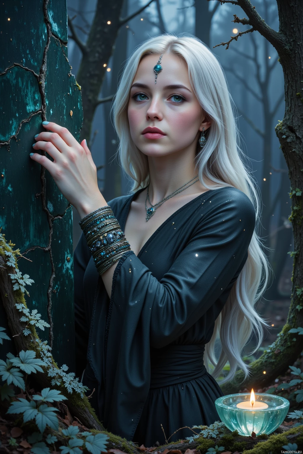 Realistic high quality photo. Female, serene woman with long silver hair, pale glowing skin, soft green eyes, wearing dark flowing robes adorned with intricate mystical jewelry, tracing cracks in an obsidian wall at dusk in a quiet forest clearing, stars above, lichens dripping silver dew, an empty crystal bowl beside her, wind swirling through the trees.