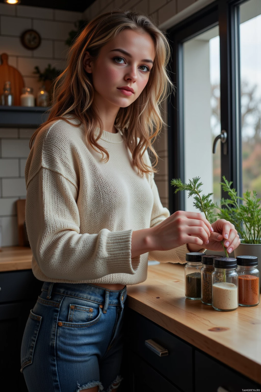 Realistic high quality photo. A 27‑year‑old woman with curly light brown hair and warm brown eyes, wearing a cozy knitted sweater and worn‑out jeans, standing in a modern kitchen at night arranging spice jars in a neat row on a wooden counter, holding a fresh dill leaf while a small herb pot sits on the window sill.