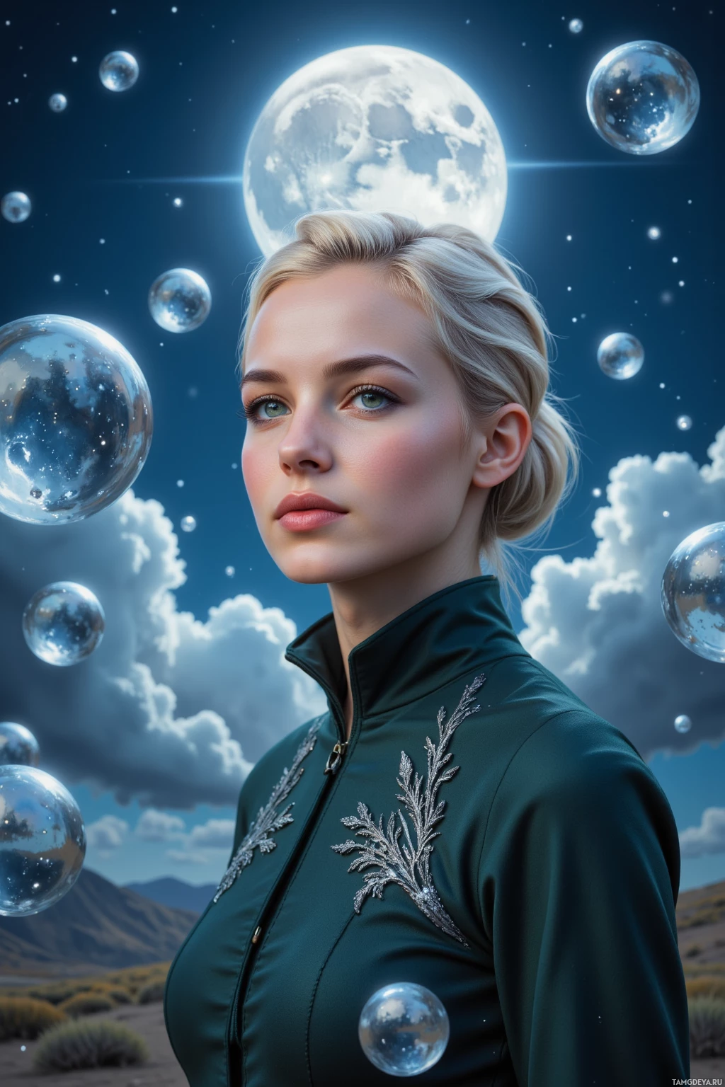 Realistic high quality photo. A 35‑year‑old woman with silver hair in a sleek updo, green eyes, porcelain skin, wearing a fitted high‑collared gown with silver embroidery, stands beneath a moonlit sky over Lyris, surrounded by floating glass orbs humming softly, her calm smile reflecting subtle empathy as she orchestrates fragile alliances.