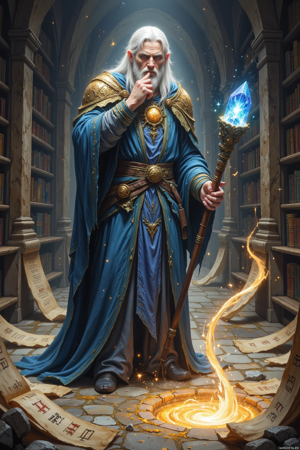Волшебник в синем одеянии стоит в библиотеке, держа в руках светящийся посох.