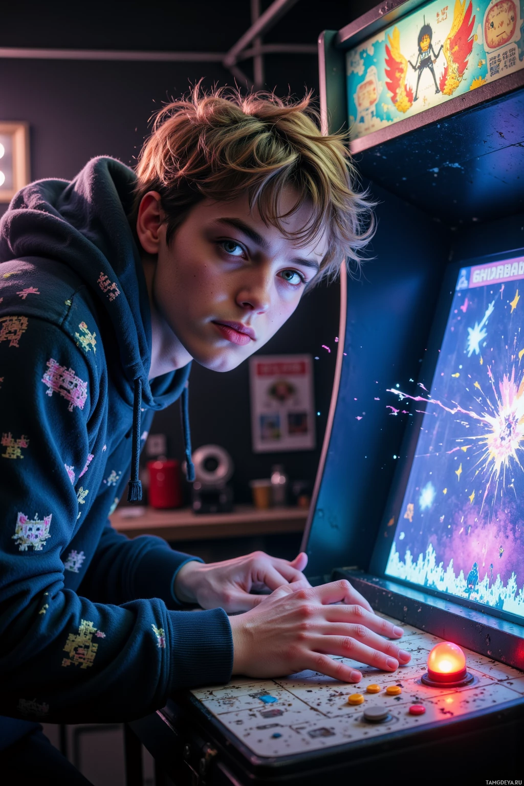 Realistic high quality photo. Male, 22, messy light brown hair, blue eyes, pale pixelated skin, wearing a tattered hoodie with shifting glitch patterns, leaning over a cracked 1979 arcade board in a dim basement, fingers dancing on the console, a glitching 3D sprite loop erupting from the board, flickering data stream, broken retro circuitry, dust motes swirling, a sarcastic smirk on his face.