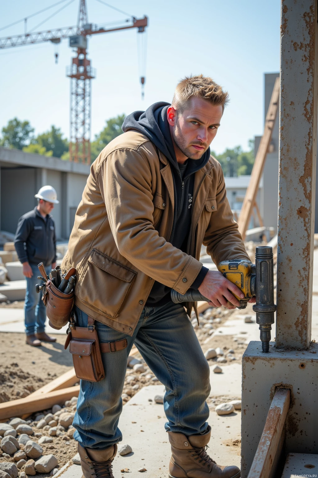 Строитель использует электрошуруповерт на стройплощадке, на заднем плане виден другой рабочий.