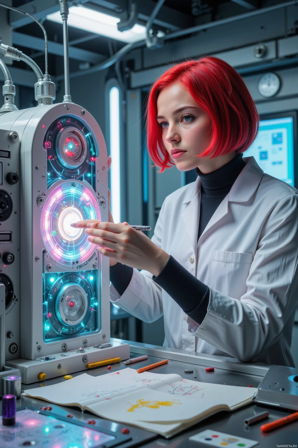 Человек с рыжими волосами в лабораторном халате взаимодействует с футуристическим устройством.