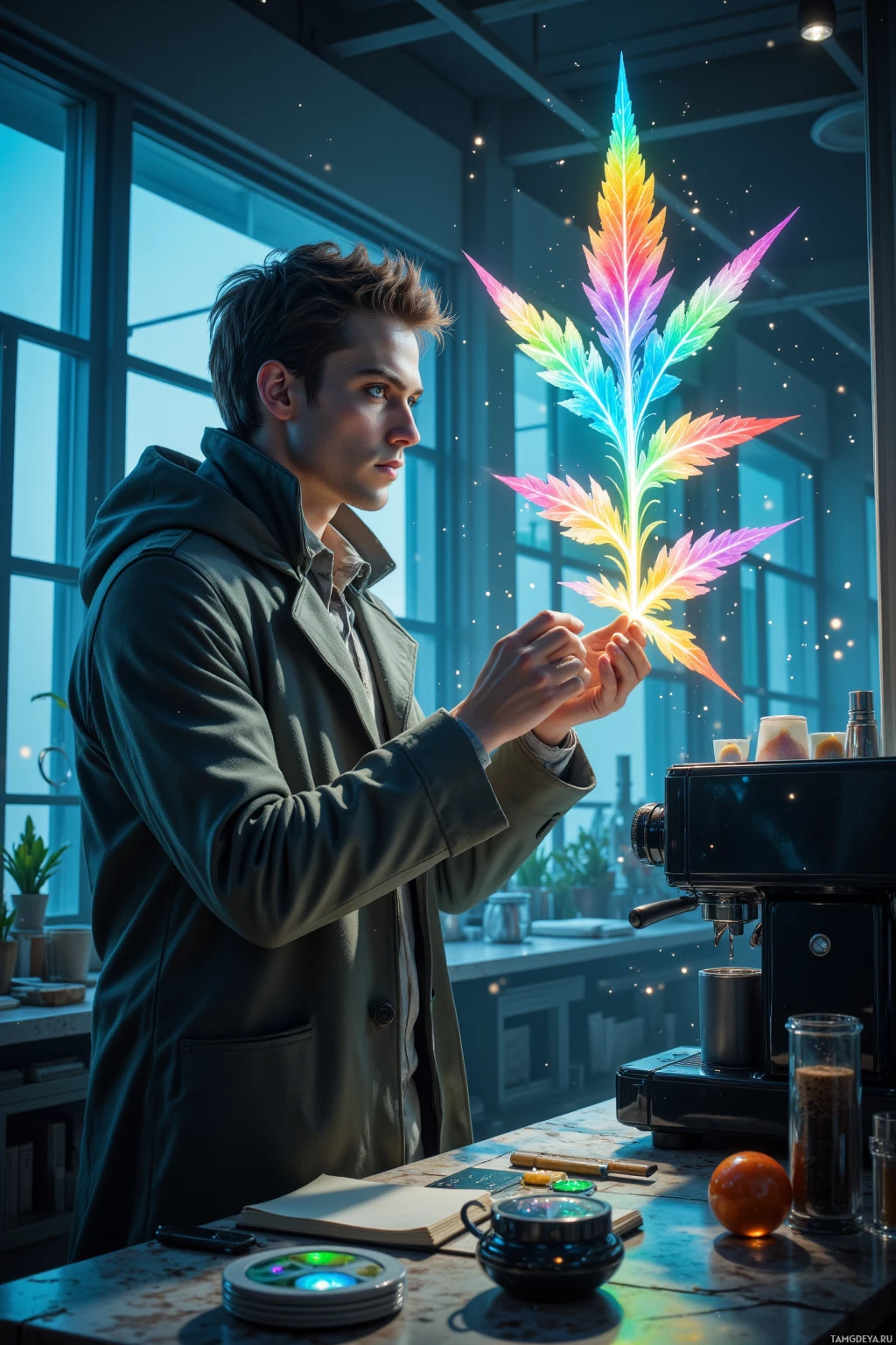 Realistic high quality photo. Tall 29‑year‑old male with short light brown hair, glowing cyan eyes, pale skin, wearing a structured coat with iridescent lines, adjusts polarizing filters in a futuristic lab with glass walls, illuminating a leaf whose veins cascade into a rainbow, while a coffee machine’s reflection wavers in the flickering light, all surrounded by holographic logs and a clock hinting at a clockwise shadow experiment.